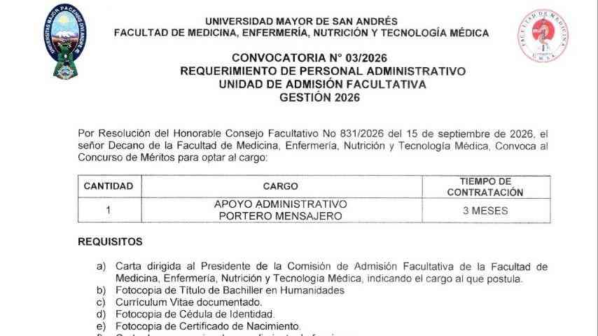 Convocatoria: Apoyo Administrativo - Portero Mensajero (Unidad de Admisión)