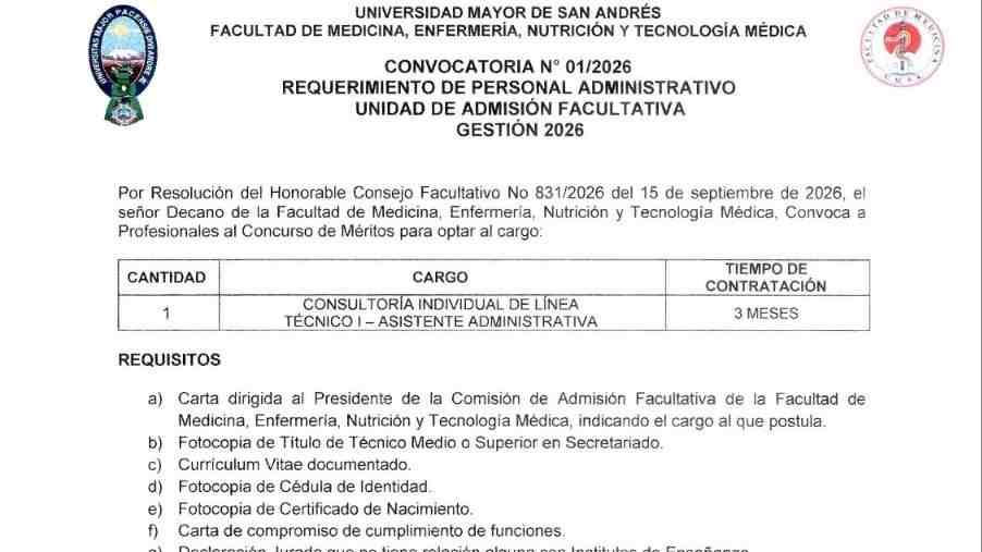 Convocatoria: Técnico I - Asistente Administrativa (Unidad de Admisión)